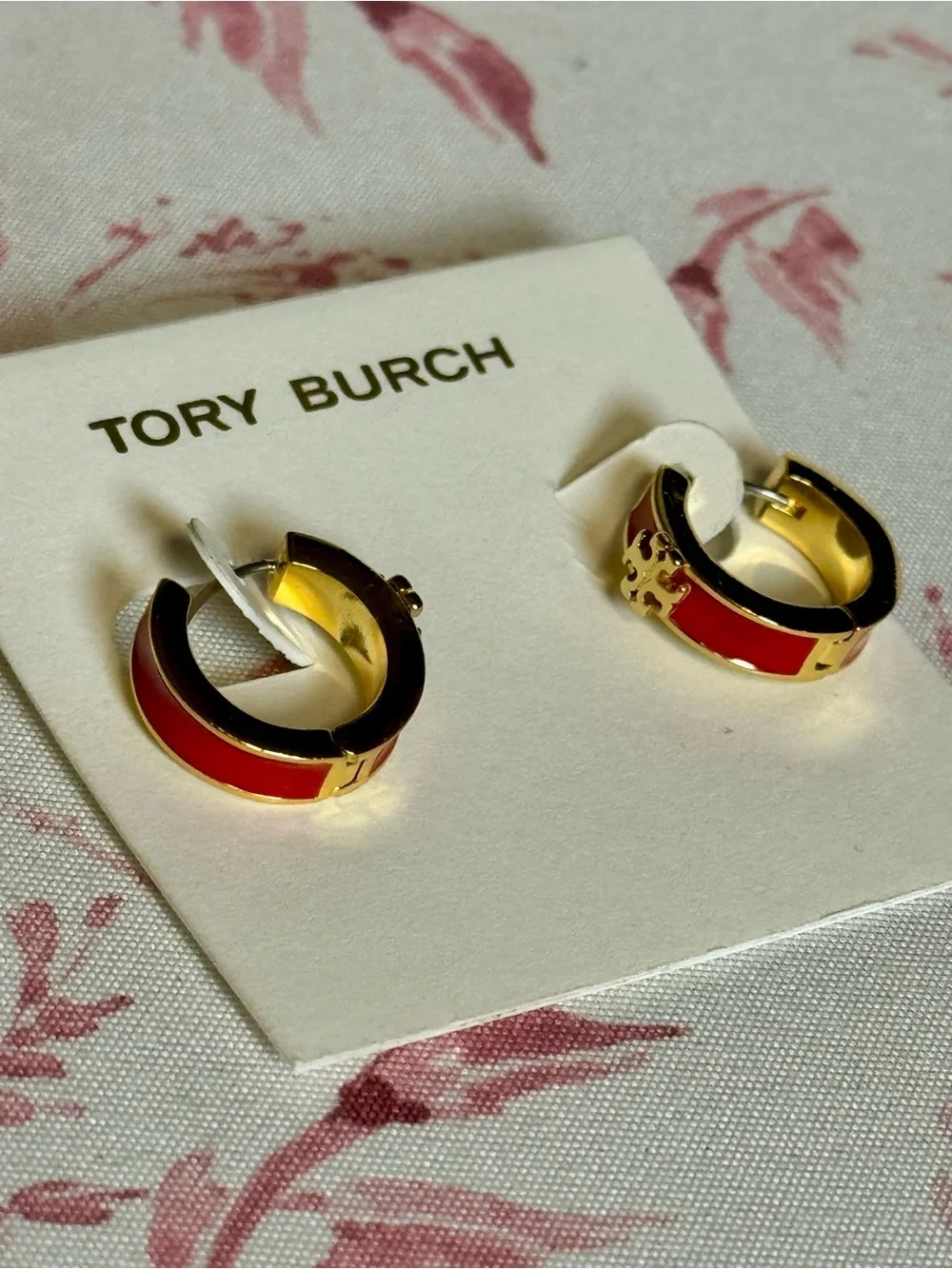 Tory Burch Red Enamel & Gold Small Hoop Earrings